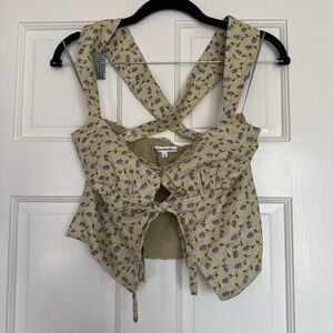 Reformation Cream Floral Tie-Front Crop Top with Blue Accent